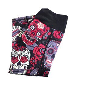 CVG Capris Medium Sugar Skull floral roses Pockets Black Red White fitness yoga